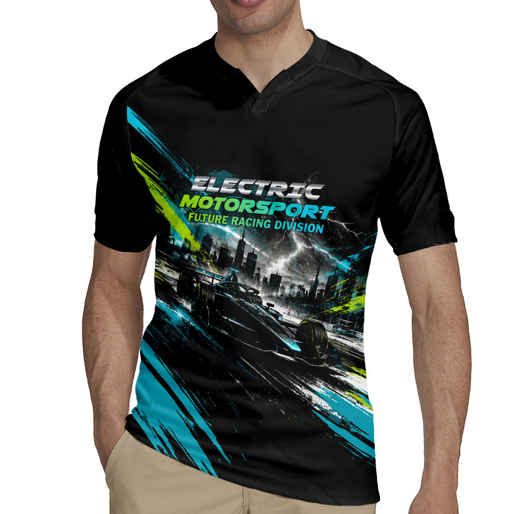 Electric Motorsport Racing Rugby Jersey Futuristic Formula Car Neon Lightning Speed Art