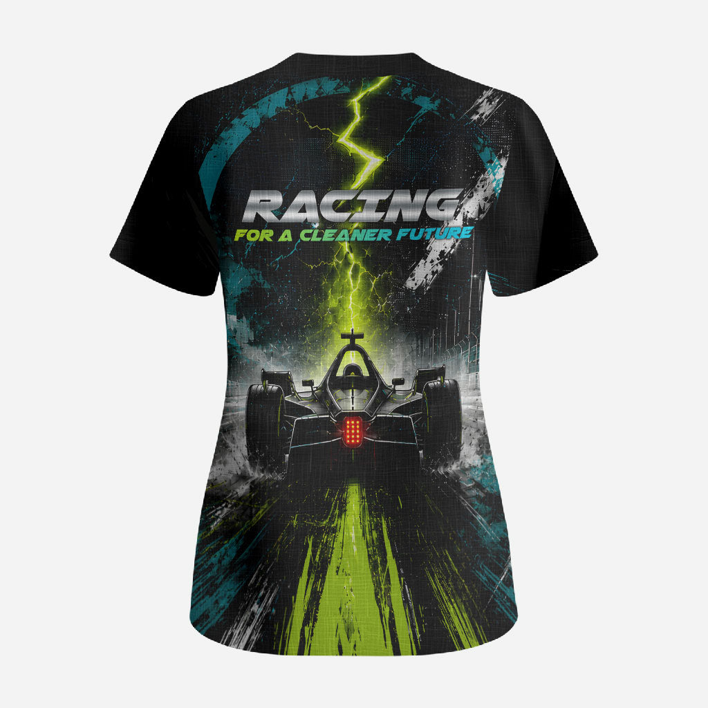 Electric Motorsport Racing Scrub Top Futuristic Formula Car Neon Lightning Speed Art