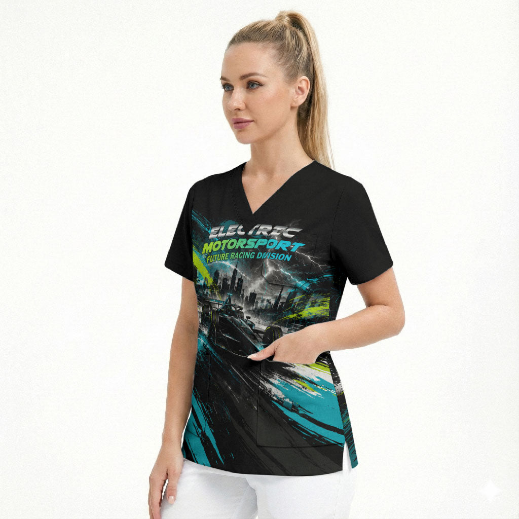 Electric Motorsport Racing Scrub Top Futuristic Formula Car Neon Lightning Speed Art