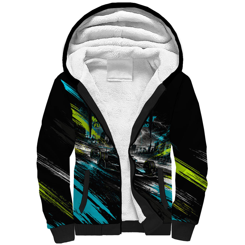 Electric Motorsport Racing Sherpa Hoodie Futuristic Formula Car Neon Lightning Speed Art
