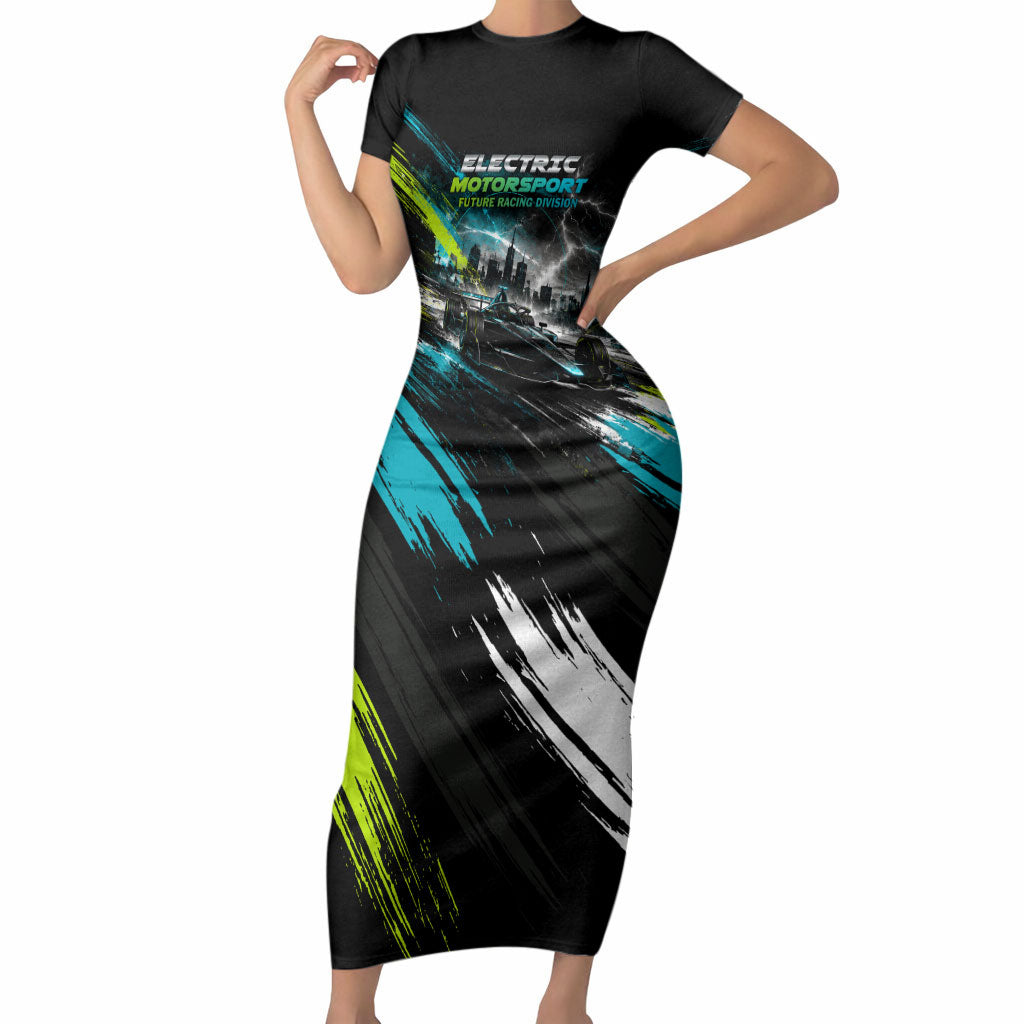 Electric Motorsport Racing Short Sleeve Bodycon Dress Futuristic Formula Car Neon Lightning Speed Art