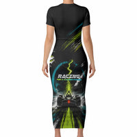 Electric Motorsport Racing Short Sleeve Bodycon Dress Futuristic Formula Car Neon Lightning Speed Art
