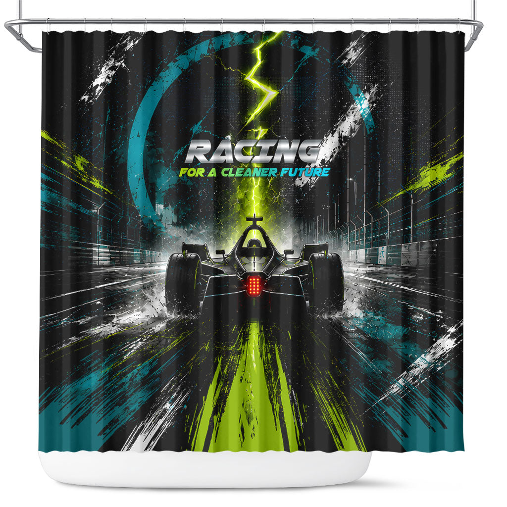 Electric Motorsport Racing Shower Curtain Futuristic Formula Car Neon Lightning Speed Art