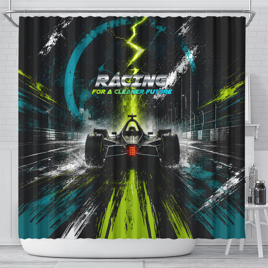 Electric Motorsport Racing Shower Curtain Futuristic Formula Car Neon Lightning Speed Art