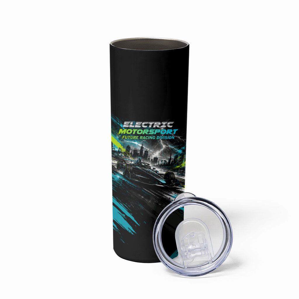 Electric Motorsport Racing Skinny Tumbler Futuristic Formula Car Neon Lightning Speed Art