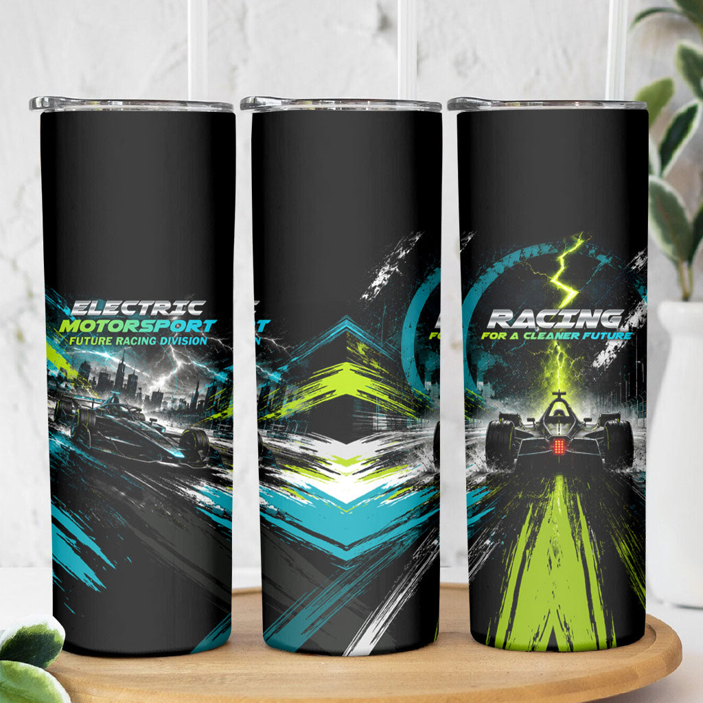 Electric Motorsport Racing Skinny Tumbler Futuristic Formula Car Neon Lightning Speed Art
