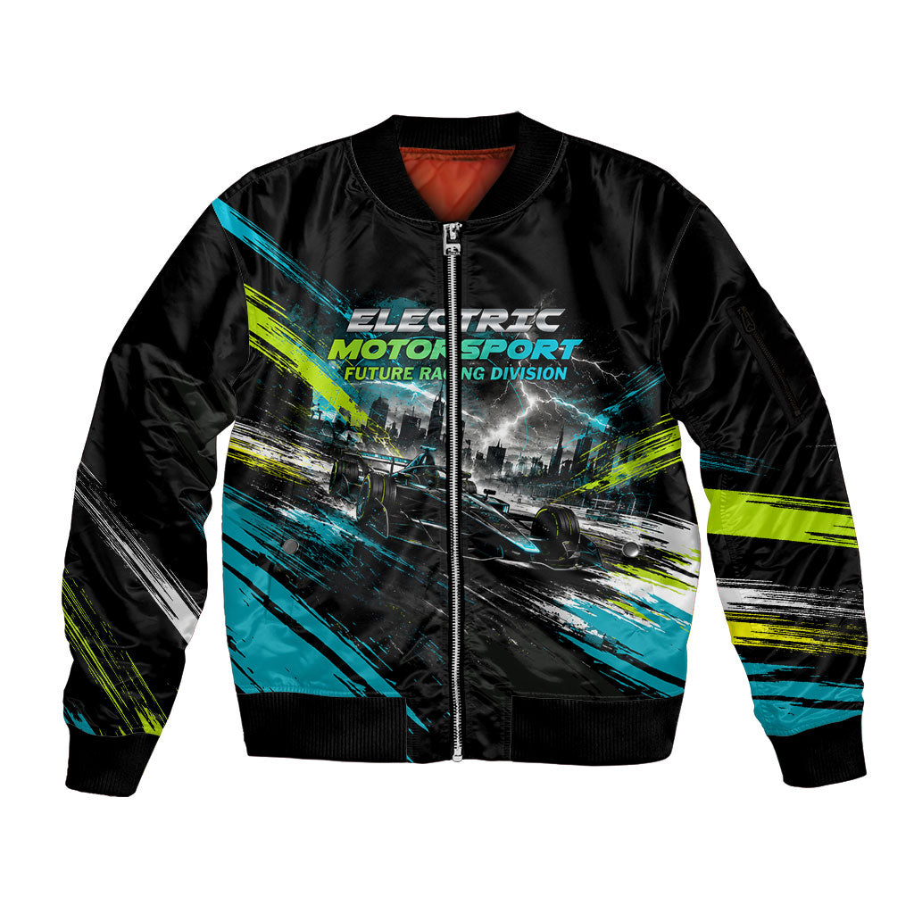 Electric Motorsport Racing Sleeve Zip Bomber Jacket Futuristic Formula Car Neon Lightning Speed Art