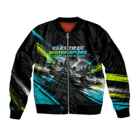 Electric Motorsport Racing Sleeve Zip Bomber Jacket Futuristic Formula Car Neon Lightning Speed Art