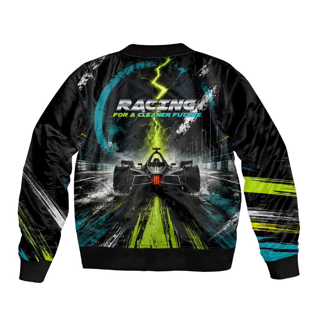 Electric Motorsport Racing Sleeve Zip Bomber Jacket Futuristic Formula Car Neon Lightning Speed Art
