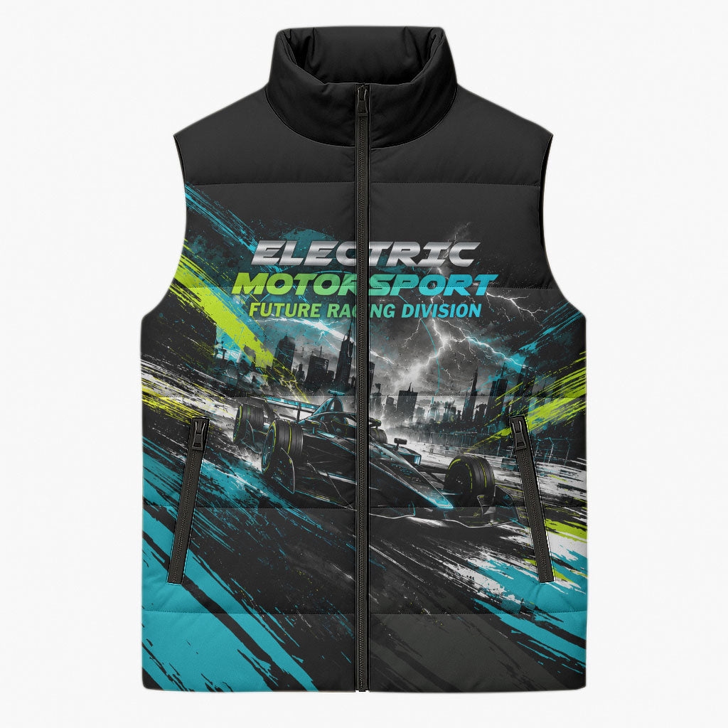 Electric Motorsport Racing Sleeveless Puffer Jacket Futuristic Formula Car Neon Lightning Speed Art
