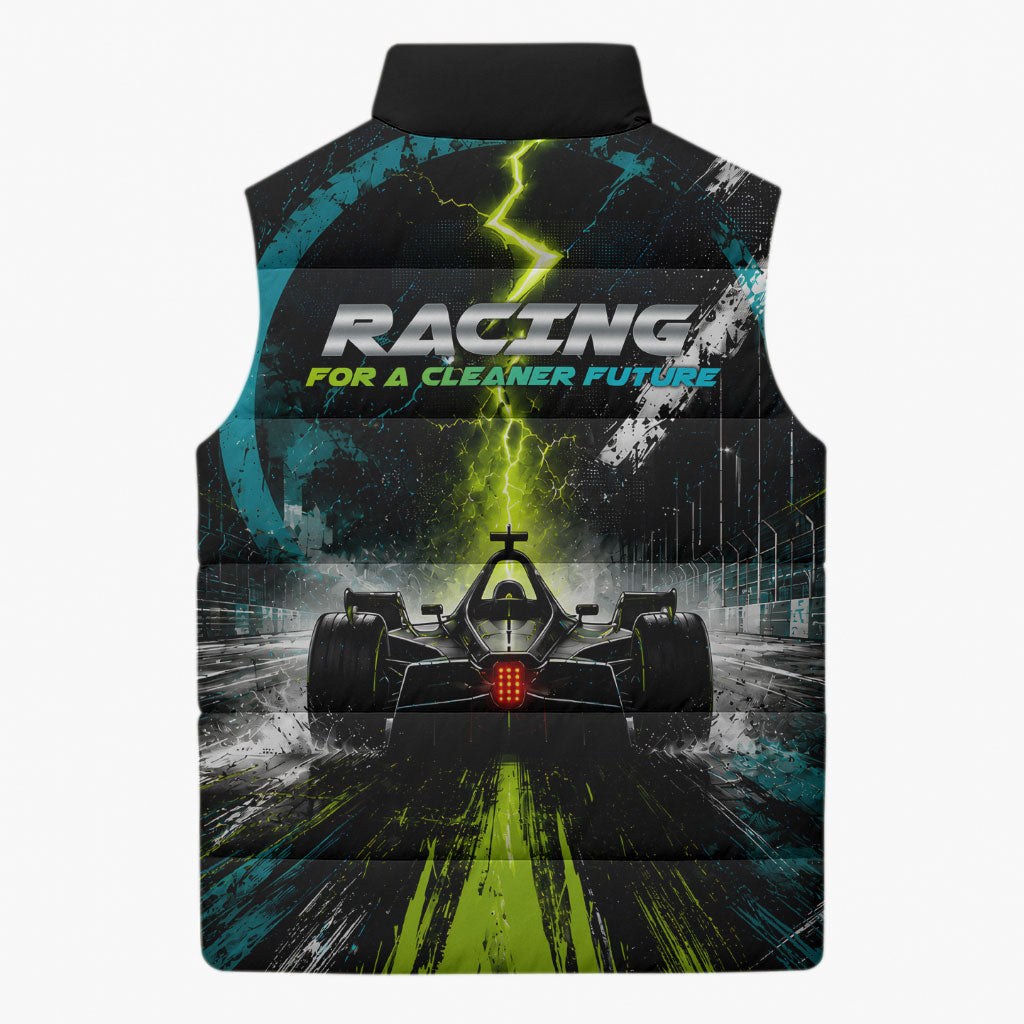 Electric Motorsport Racing Sleeveless Puffer Jacket Futuristic Formula Car Neon Lightning Speed Art