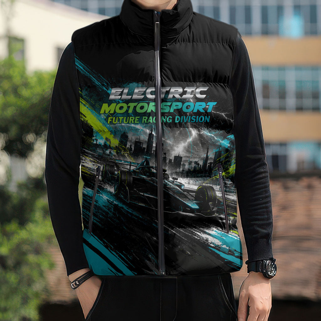 Electric Motorsport Racing Sleeveless Puffer Jacket Futuristic Formula Car Neon Lightning Speed Art