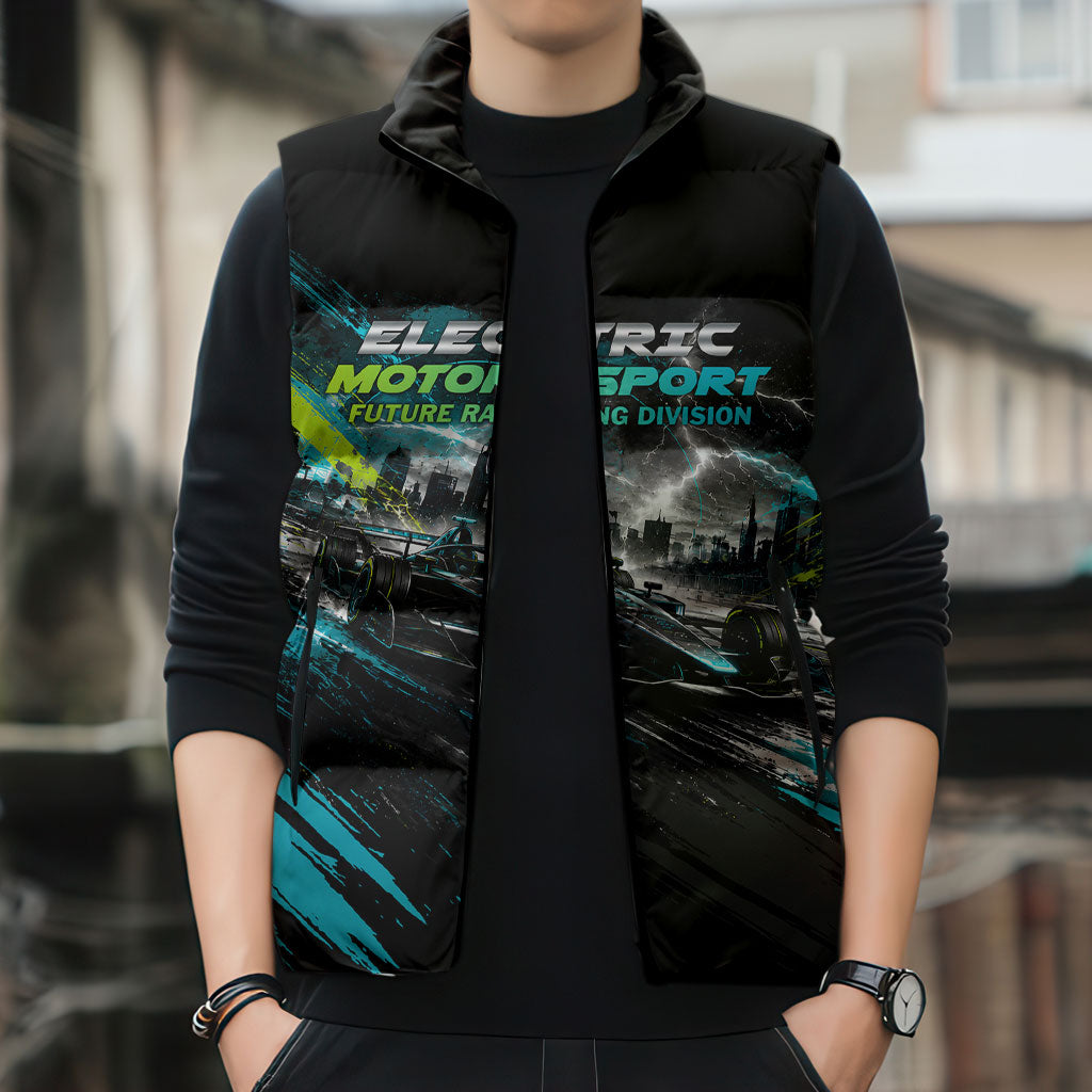 Electric Motorsport Racing Sleeveless Puffer Jacket Futuristic Formula Car Neon Lightning Speed Art