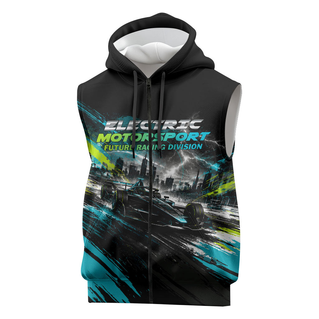 Electric Motorsport Racing Sleeveless Zip Hoodie Futuristic Formula Car Neon Lightning Speed Art
