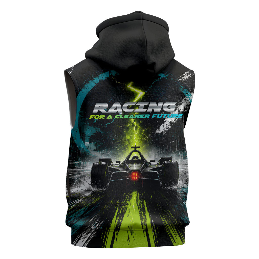 Electric Motorsport Racing Sleeveless Zip Hoodie Futuristic Formula Car Neon Lightning Speed Art