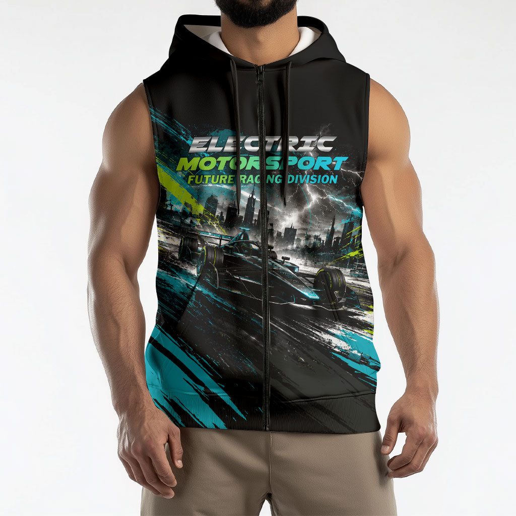 Electric Motorsport Racing Sleeveless Zip Hoodie Futuristic Formula Car Neon Lightning Speed Art