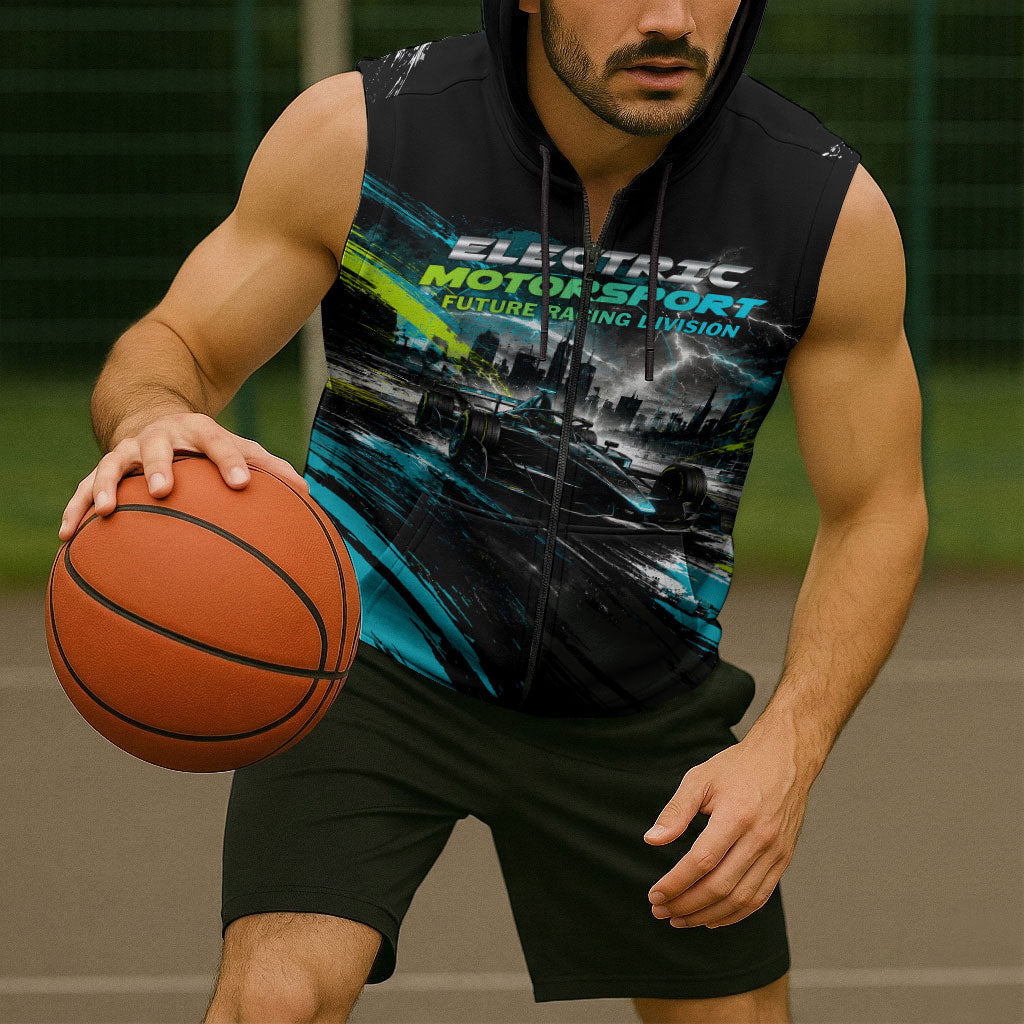Electric Motorsport Racing Sleeveless Zip Hoodie Futuristic Formula Car Neon Lightning Speed Art