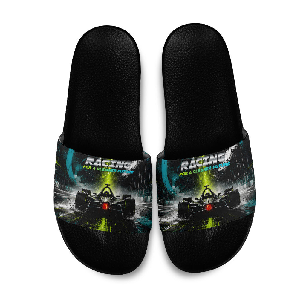 Electric Motorsport Racing Slide Sandals Futuristic Formula Car Neon Lightning Speed Art
