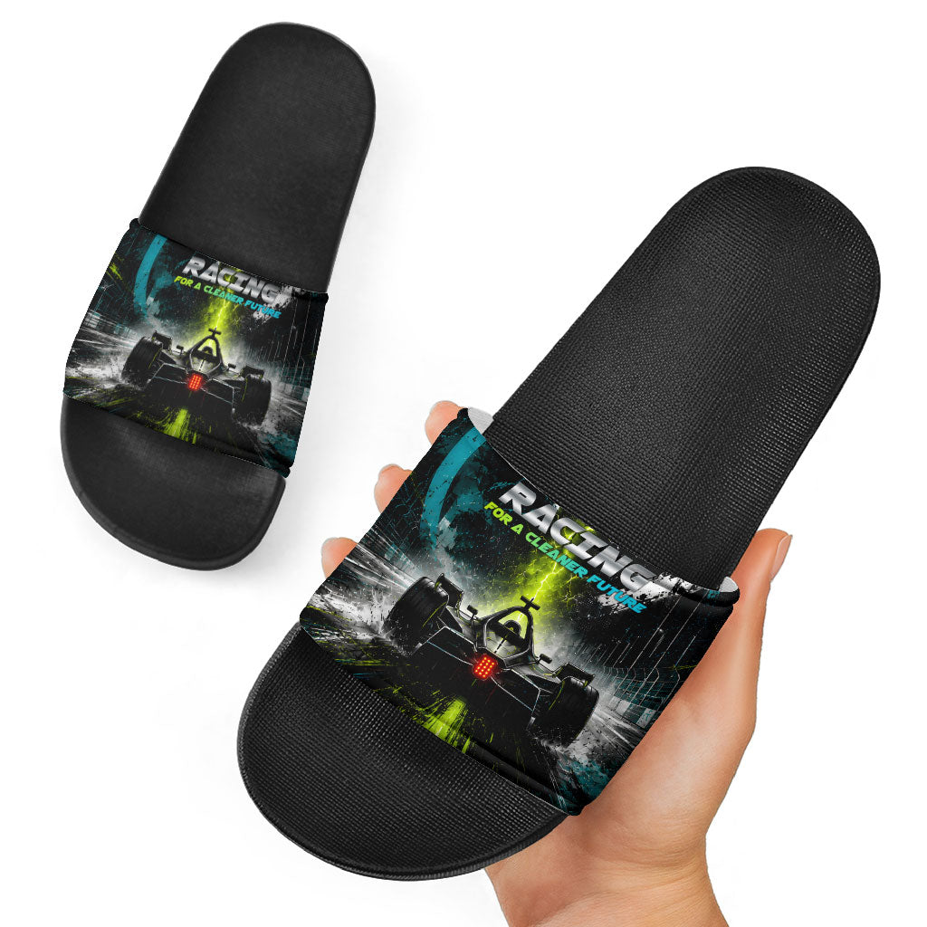 Electric Motorsport Racing Slide Sandals Futuristic Formula Car Neon Lightning Speed Art