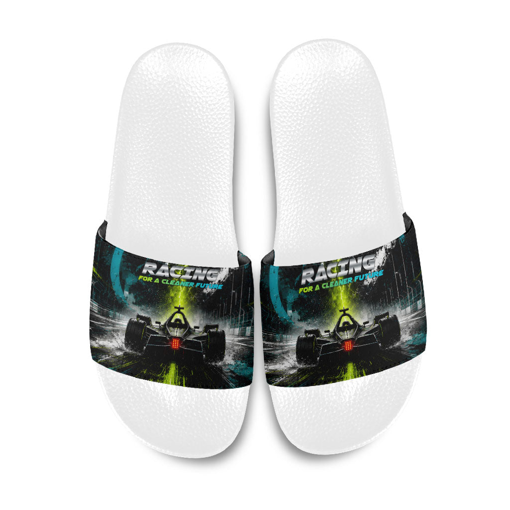 Electric Motorsport Racing Slide Sandals Futuristic Formula Car Neon Lightning Speed Art