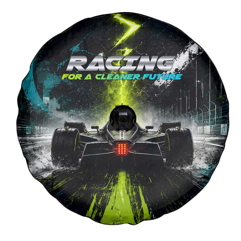 Electric Motorsport Racing Spare Tire Cover Futuristic Formula Car Neon Lightning Speed Art