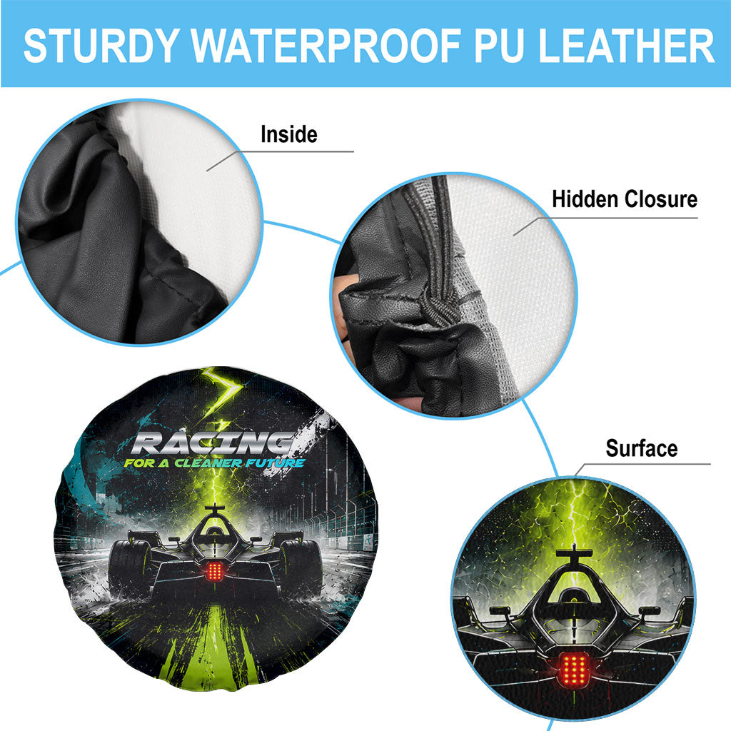 Electric Motorsport Racing Spare Tire Cover Futuristic Formula Car Neon Lightning Speed Art