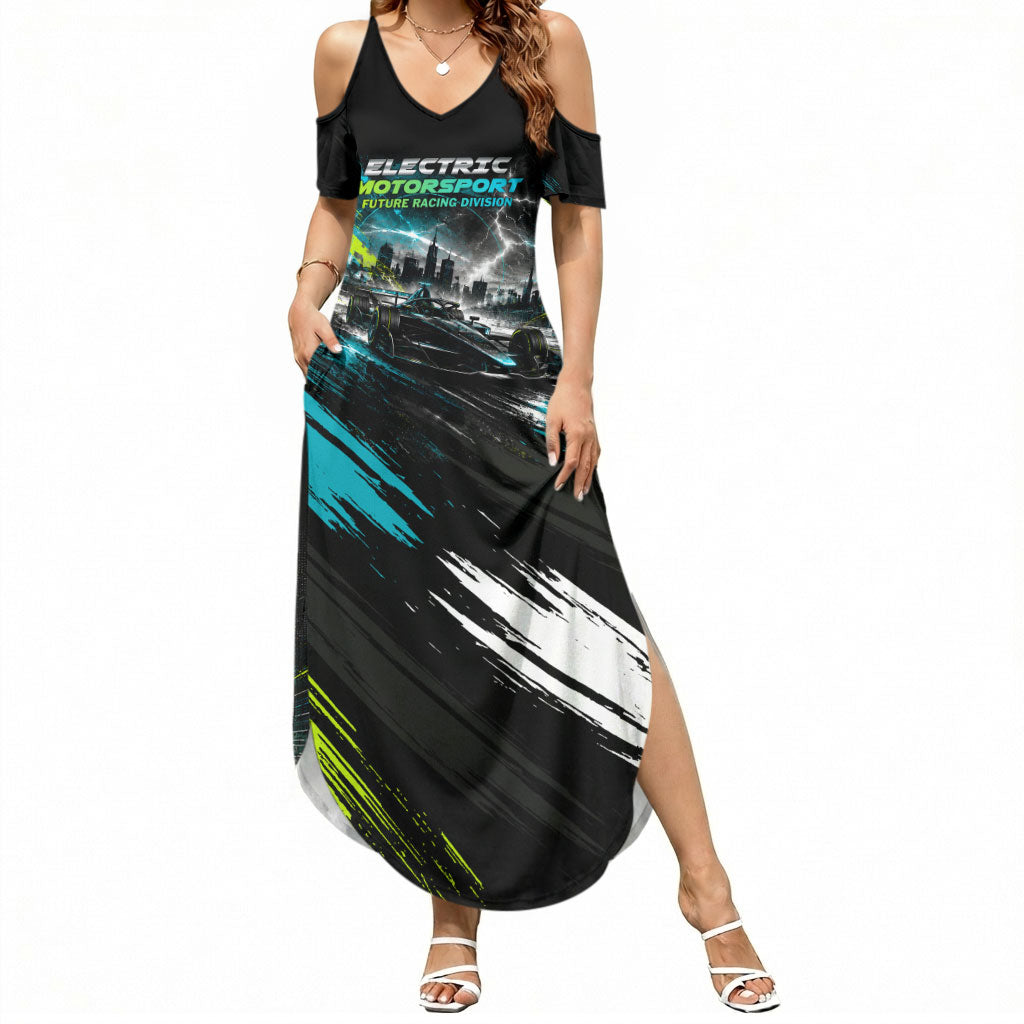 Electric Motorsport Racing Summer Maxi Dress Futuristic Formula Car Neon Lightning Speed Art