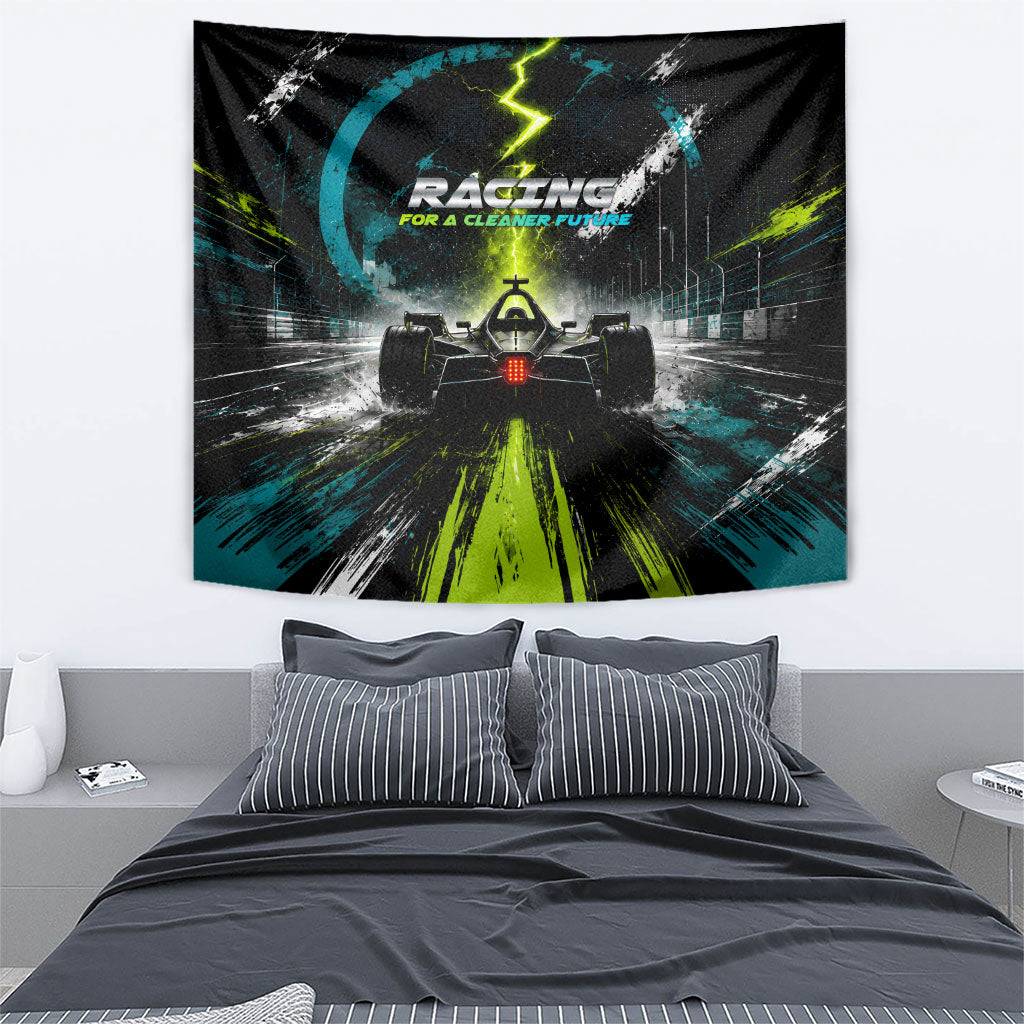 Electric Motorsport Racing Tapestry Futuristic Formula Car Neon Lightning Speed Art