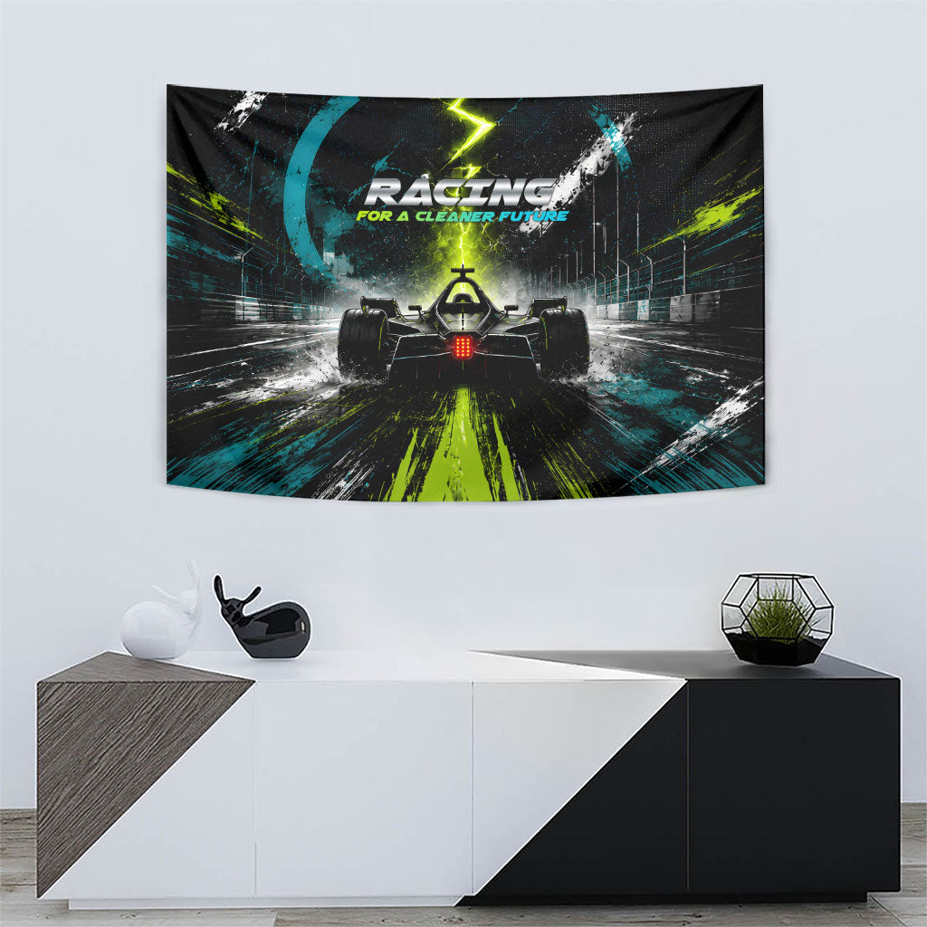 Electric Motorsport Racing Tapestry Futuristic Formula Car Neon Lightning Speed Art