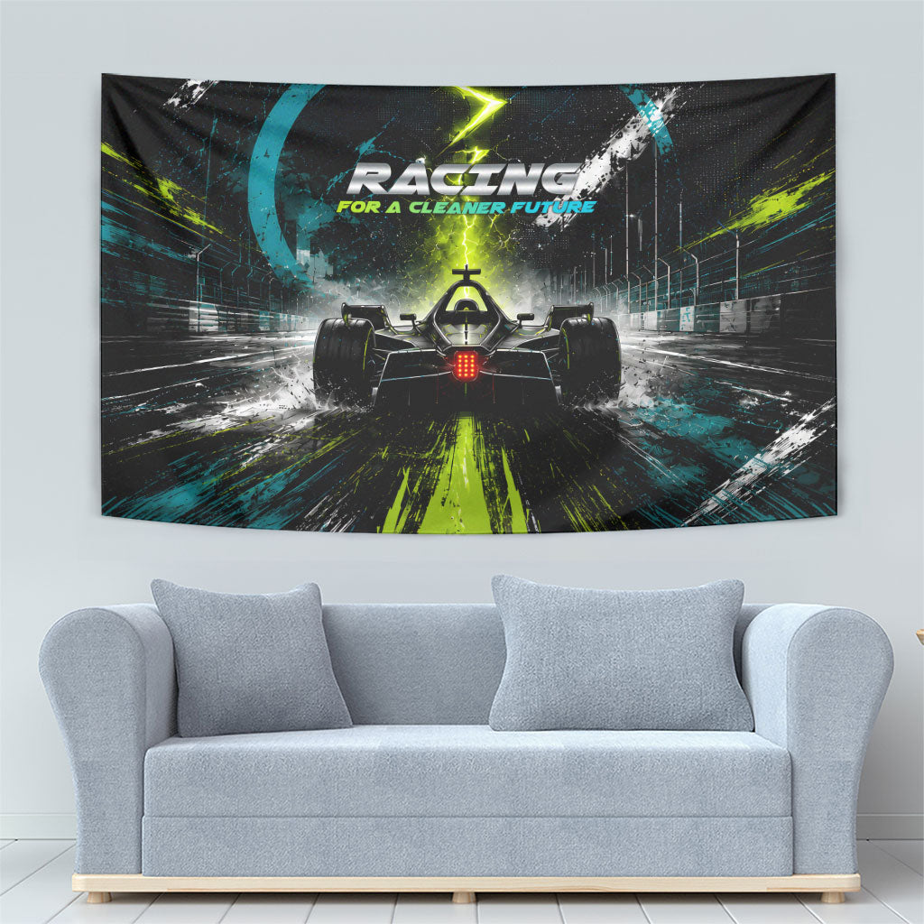 Electric Motorsport Racing Tapestry Futuristic Formula Car Neon Lightning Speed Art