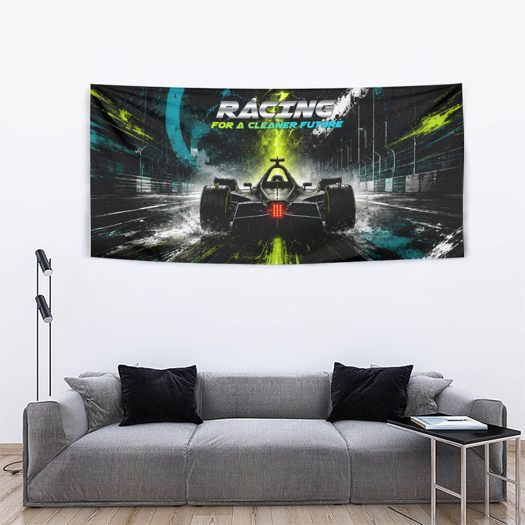Electric Motorsport Racing Tapestry Futuristic Formula Car Neon Lightning Speed Art