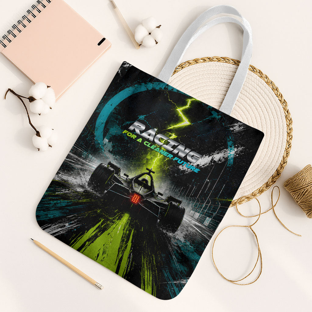 Electric Motorsport Racing Tote Bag Futuristic Formula Car Neon Lightning Speed Art