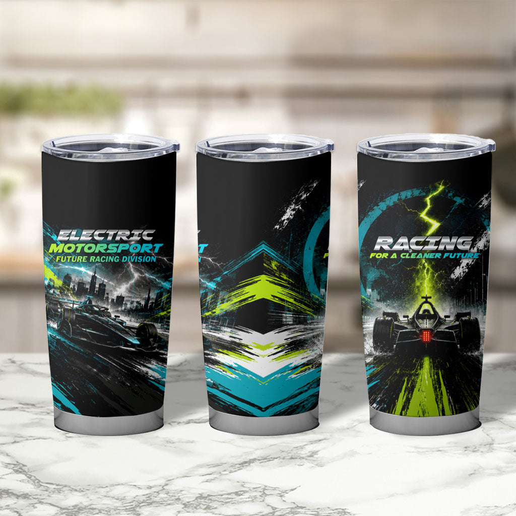 Electric Motorsport Racing Tumbler Cup Futuristic Formula Car Neon Lightning Speed Art