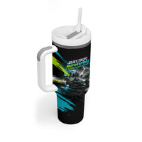Electric Motorsport Racing Tumbler With Handle Futuristic Formula Car Neon Lightning Speed Art