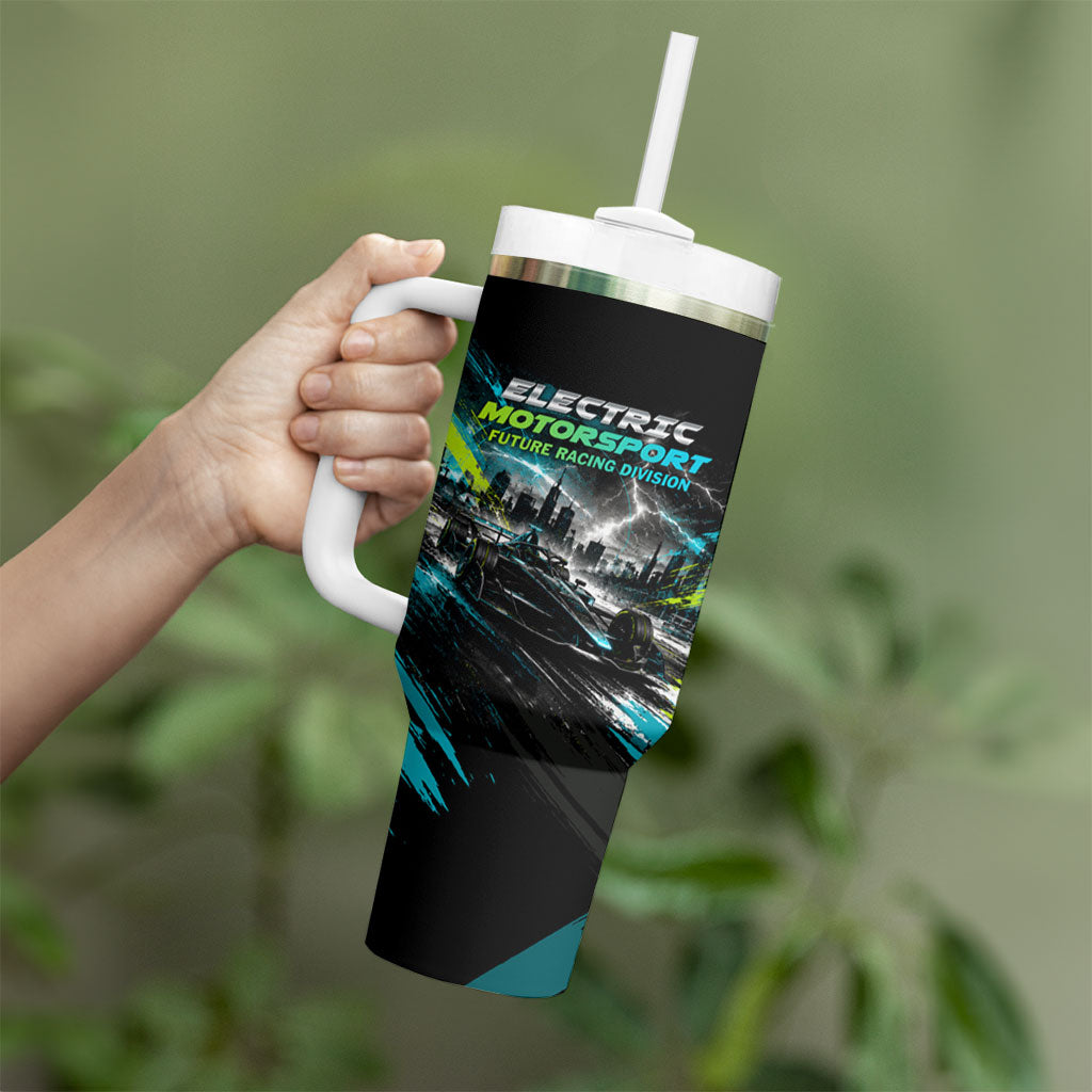 Electric Motorsport Racing Tumbler With Handle Futuristic Formula Car Neon Lightning Speed Art