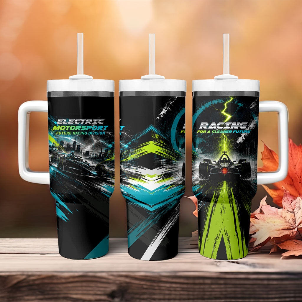 Electric Motorsport Racing Tumbler With Handle Futuristic Formula Car Neon Lightning Speed Art