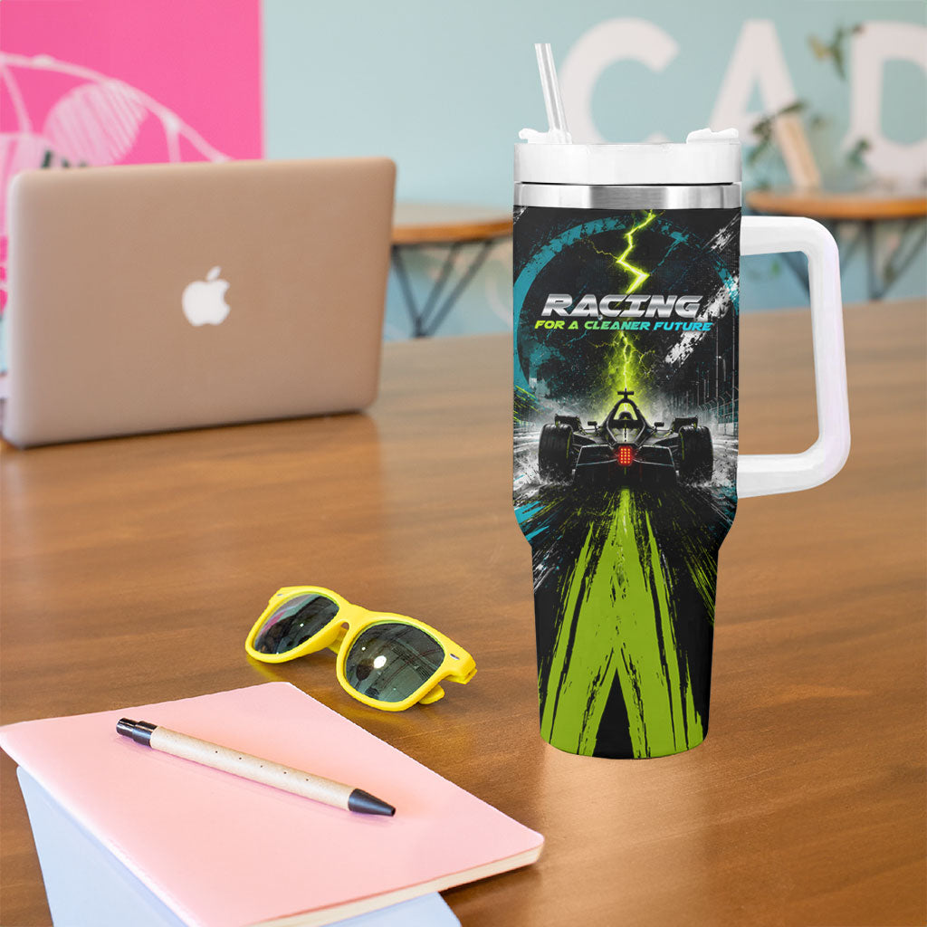 Electric Motorsport Racing Tumbler With Handle Futuristic Formula Car Neon Lightning Speed Art