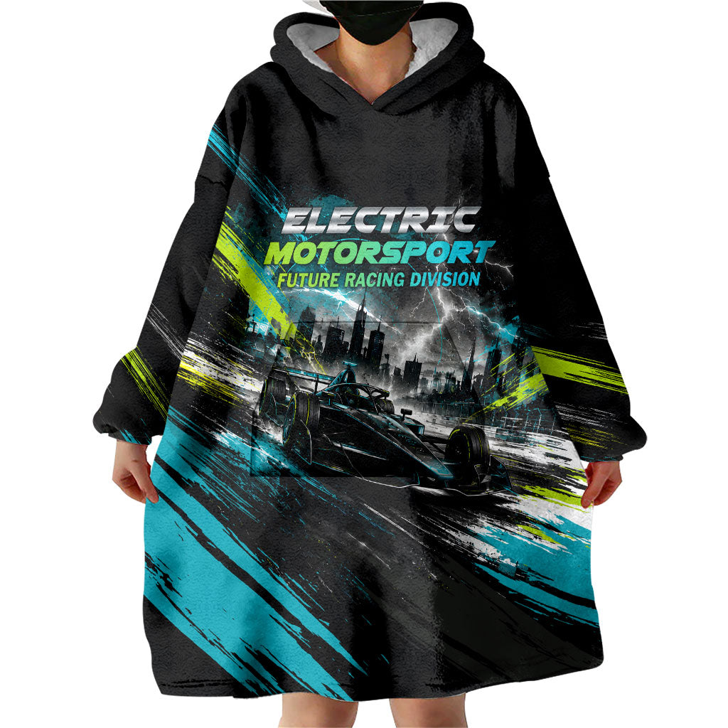 Electric Motorsport Racing Wearable Blanket Hoodie Futuristic Formula Car Neon Lightning Speed Art