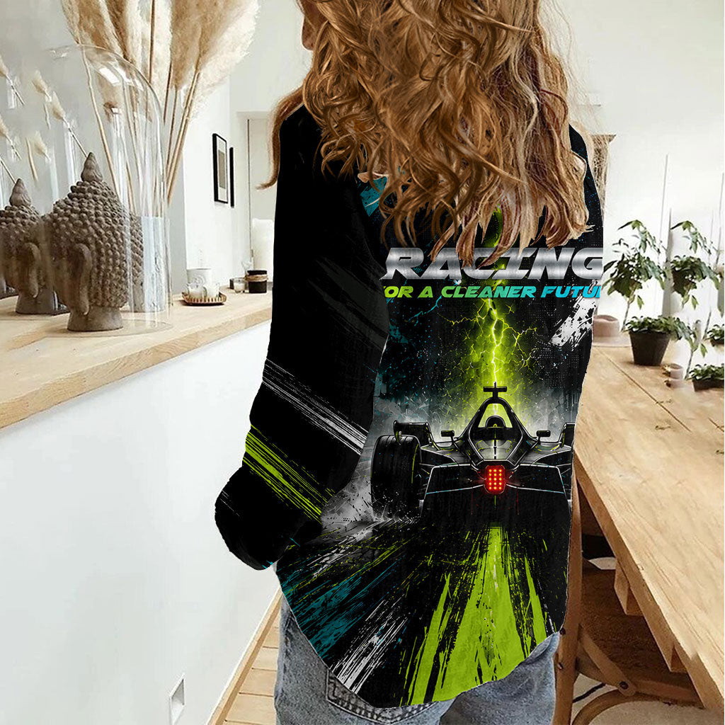 Electric Motorsport Racing Women Casual Shirt Futuristic Formula Car Neon Lightning Speed Art