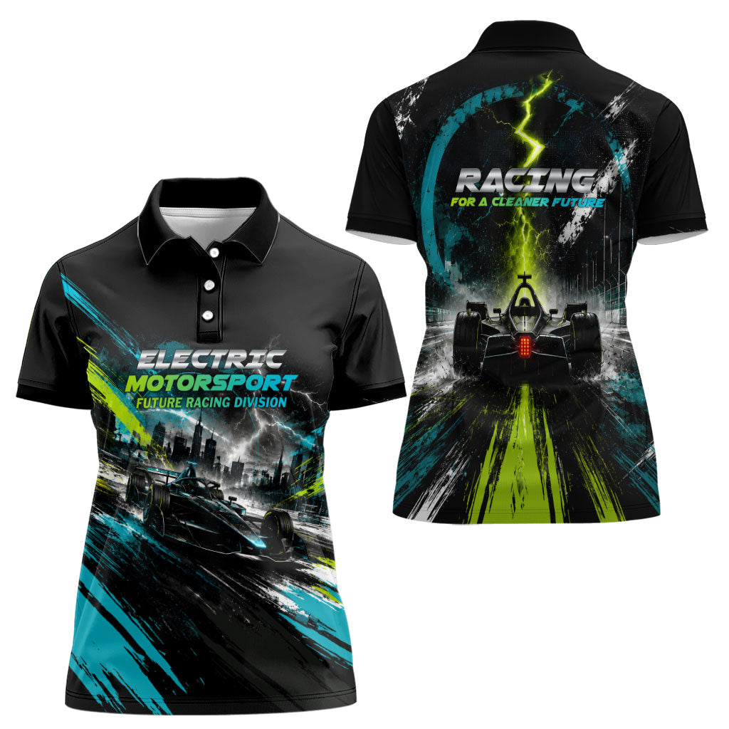 Electric Motorsport Racing Women Polo Shirt Futuristic Formula Car Neon Lightning Speed Art