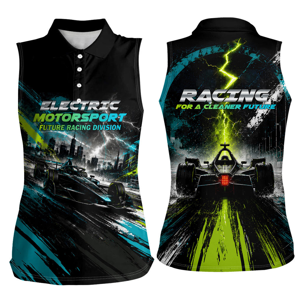 Electric Motorsport Racing Women Sleeveless Polo Shirt Futuristic Formula Car Neon Lightning Speed Art