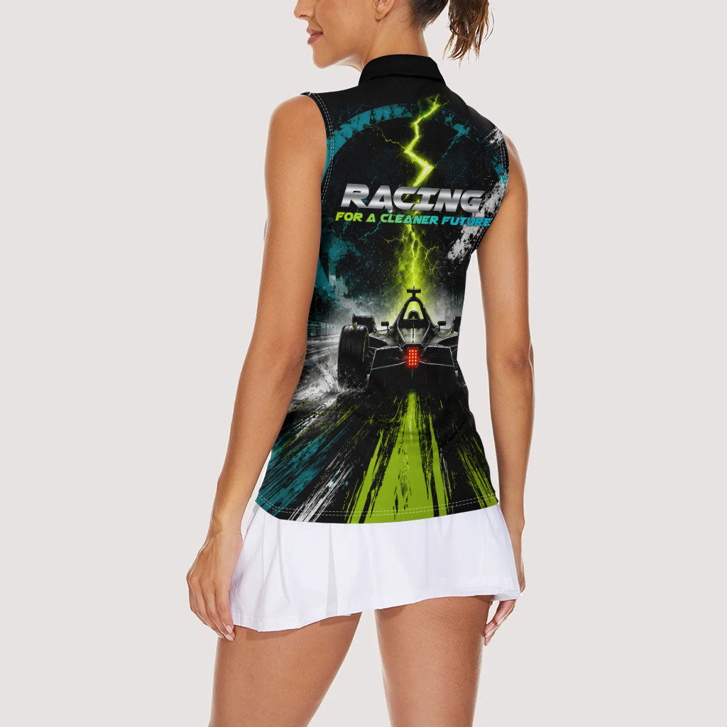 Electric Motorsport Racing Women Sleeveless Polo Shirt Futuristic Formula Car Neon Lightning Speed Art