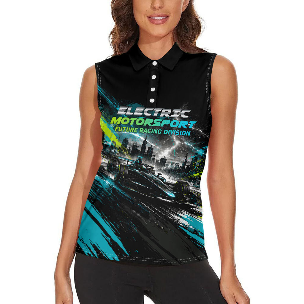 Electric Motorsport Racing Women Sleeveless Polo Shirt Futuristic Formula Car Neon Lightning Speed Art
