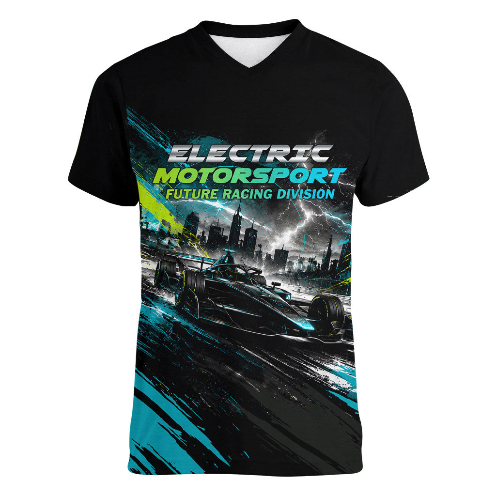 Electric Motorsport Racing Women V-Neck T-Shirt Futuristic Formula Car Neon Lightning Speed Art
