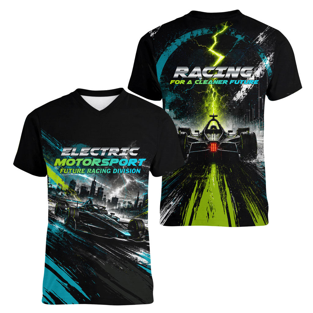 Electric Motorsport Racing Women V-Neck T-Shirt Futuristic Formula Car Neon Lightning Speed Art