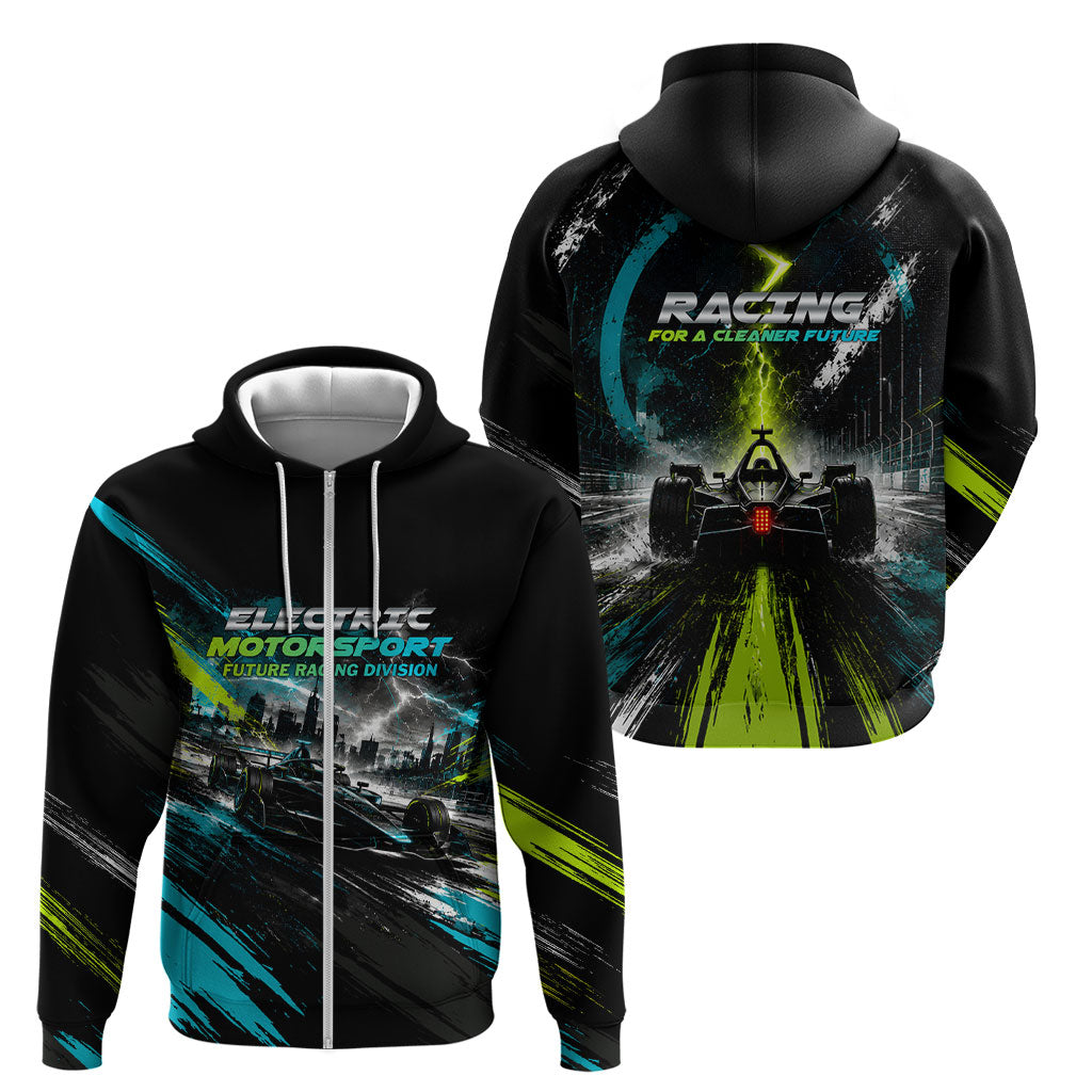 Electric Motorsport Racing Zip Hoodie Futuristic Formula Car Neon Lightning Speed Art