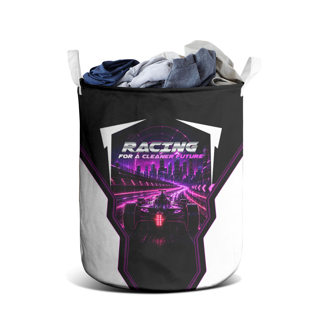 Electric Motorsport Racing Laundry Basket Futuristic Neon Formula Race Car Skyline Art