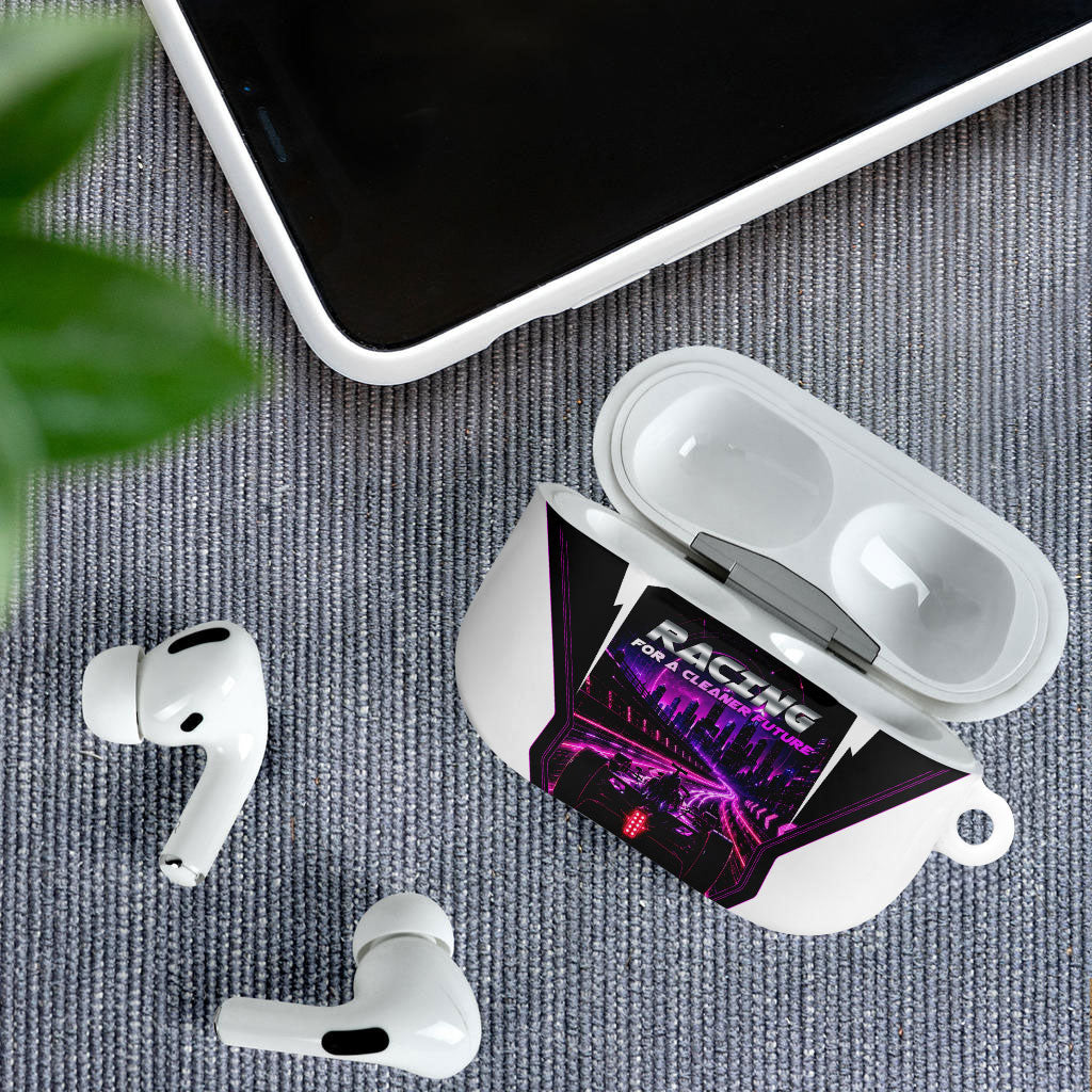 Electric Motorsport Racing AirPods Case Futuristic Neon Formula Race Car Skyline Art