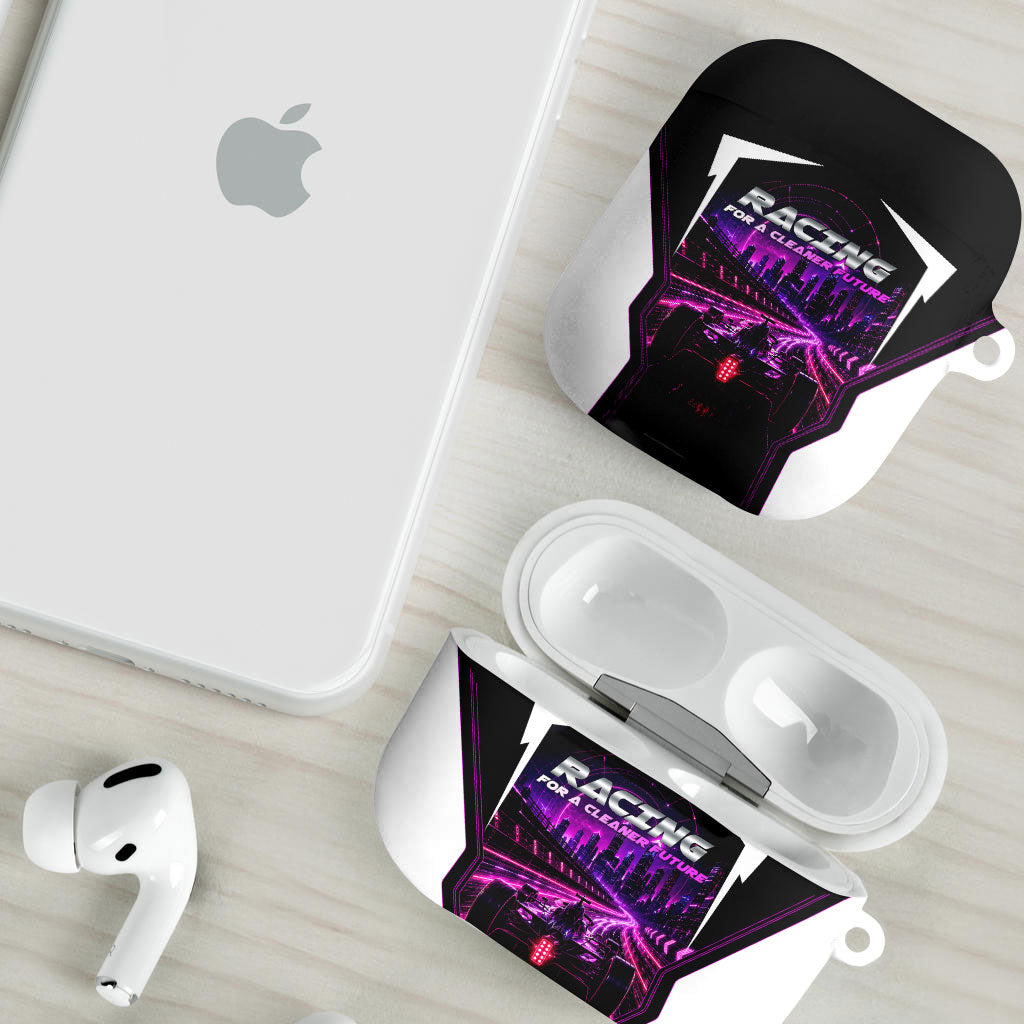 Electric Motorsport Racing AirPods Case Futuristic Neon Formula Race Car Skyline Art