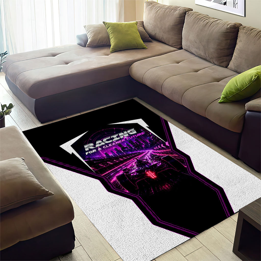 Electric Motorsport Racing Area Rug Futuristic Neon Formula Race Car Skyline Art